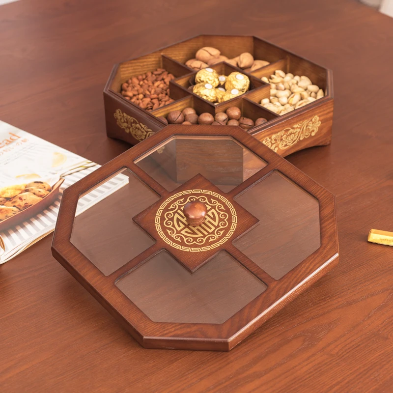 

Handmade Wooden Glass Covered Nut Box Five ids Home Use Sna Box Wedding Living Room Tea Table Creative Glass Fruit Box