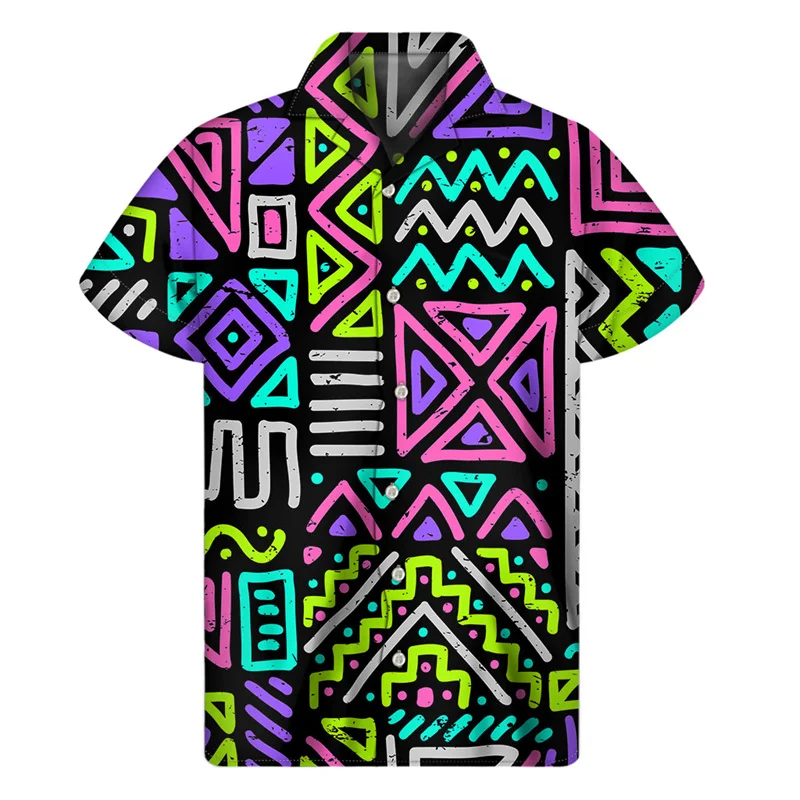 Retro Mexico Aztec 3D Print Hawaiian Shirts Men Colorful Ethnic Totem Graphic Lapel Button Shirt Street Short Sleeves Blouse