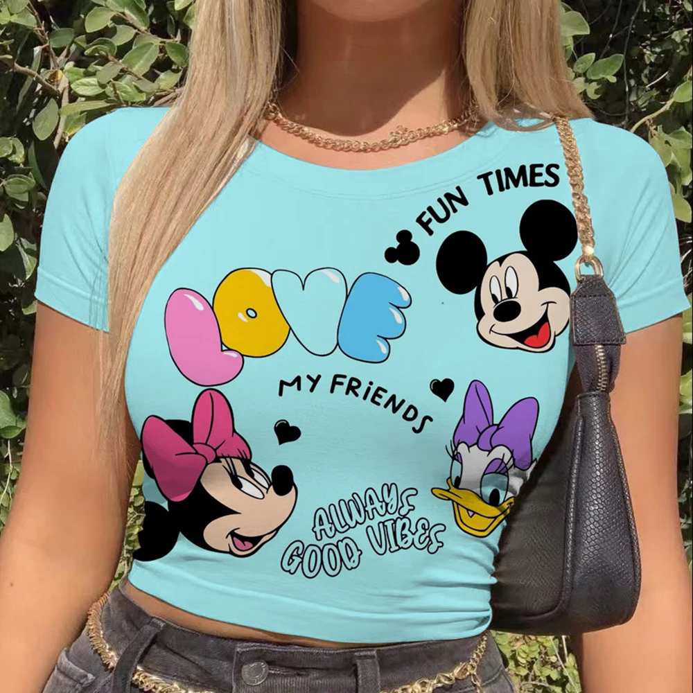 Damski sweter dziergany, dopasowany T-shirt, damski top na szydełku z krótkim rękawem, odkrywający pępek, z motywem Myszki Miki, nowy, damski, letni.