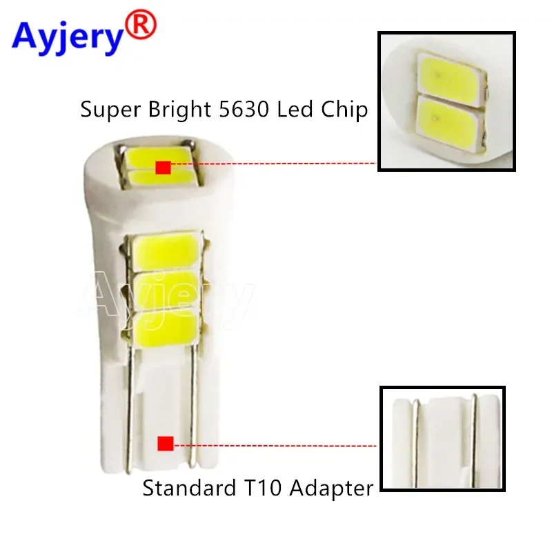 AYJERY 100pcs 12V W5W T10 Ceramic 5630 8 SMD LED 5730 194 168 Wedge Side License Plate Light Lamp White Parking Dome Light