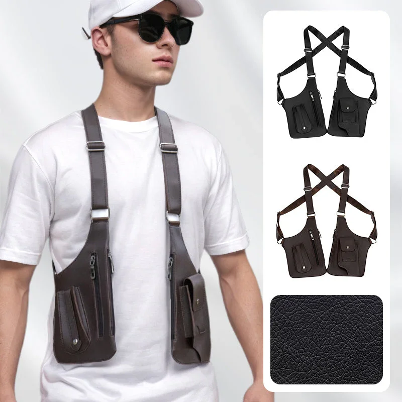 Luxury Design Men's Tactical Vest Bag High Quality PU Leather Man Chest Bag Phone Pouch Vintage Design Underarm Back Pack Bags