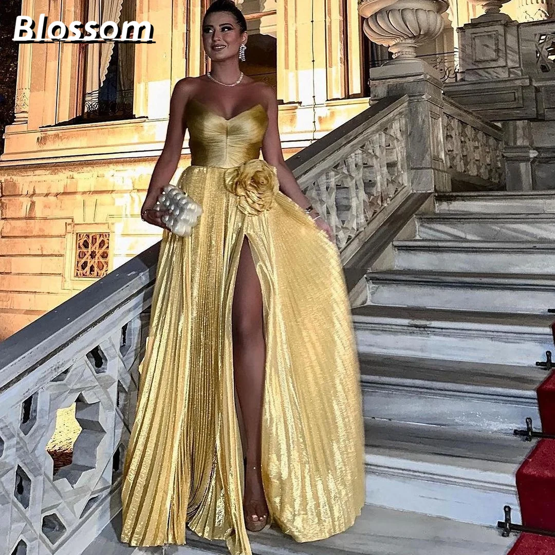 Robe de Soirée Trapèze Plissée à Paillettes Dorées, Faite à la Main, Fente Haute, Tenue de Bal Saoudien, 2024