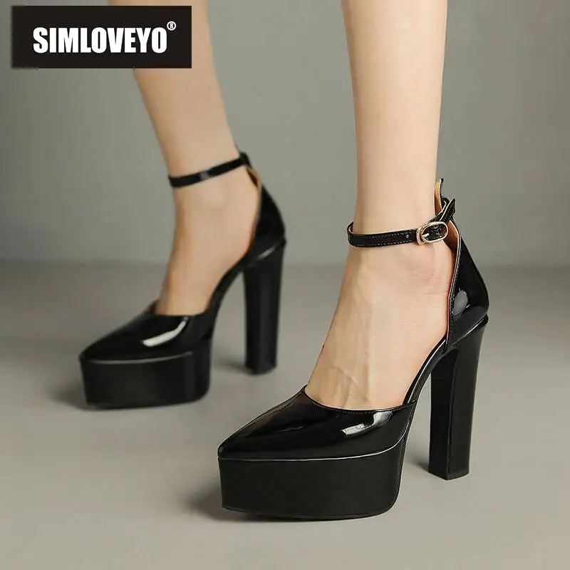 SIMLOVEYO Women Sandals Patent Leather Pointed Toe Platform Block Heel 8.5cm Buckle Strap Sexy Shoes Size 41 42 43