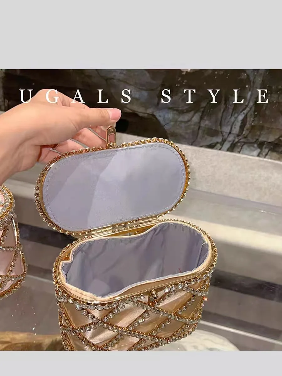 Luxury Metal Cage Crystal Diamonds Evening Bag Hollow Out Pearl Beaded Women\'s Handbag Wedding Party Clutch Purse Crossbody Bag