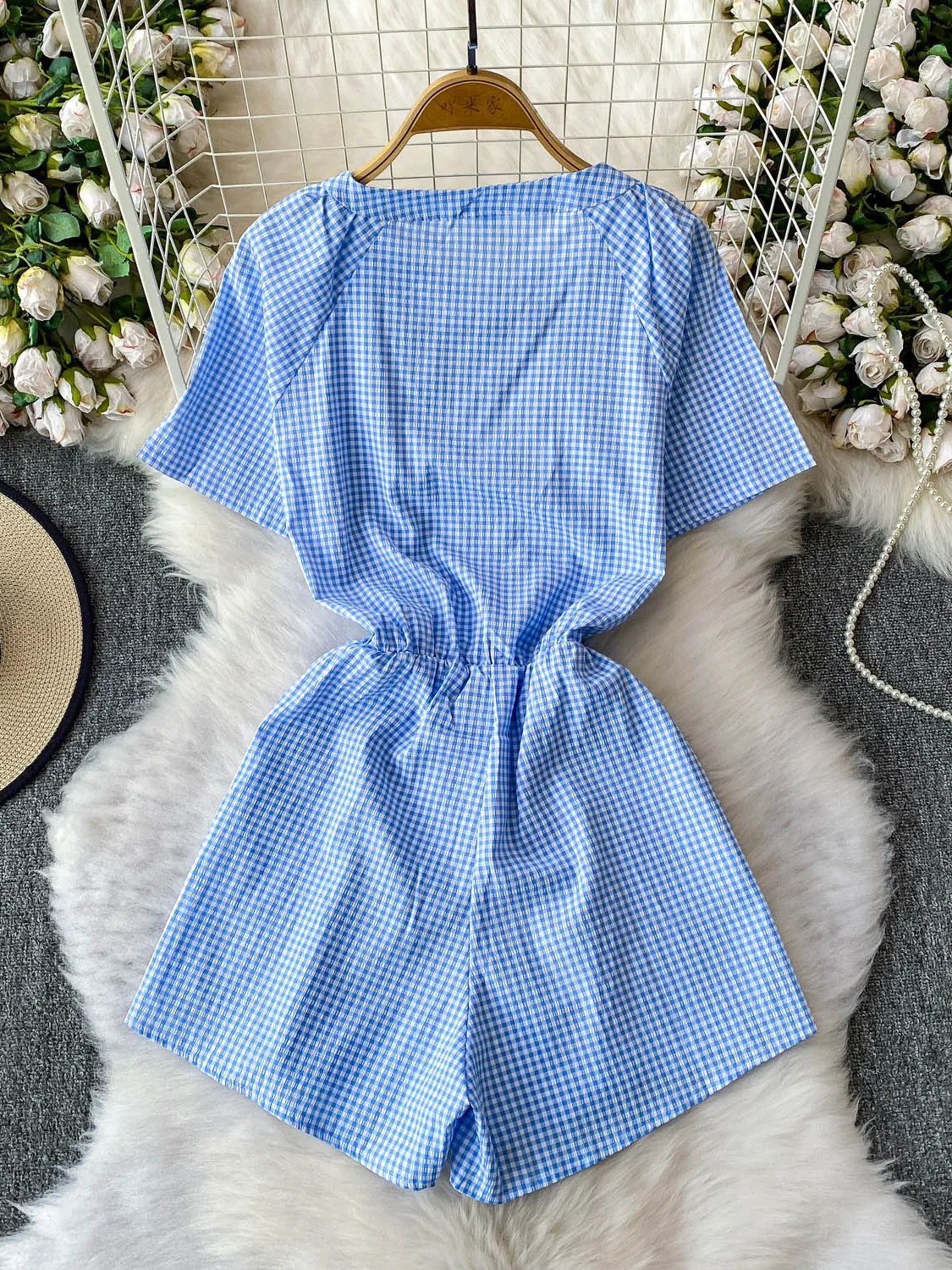 Vestido Ajustado a Cuadros con Cuello Redondo y Cordón, Diseño de Verano para Mujer, Plones Anchos de Cintura Alta, Corto...