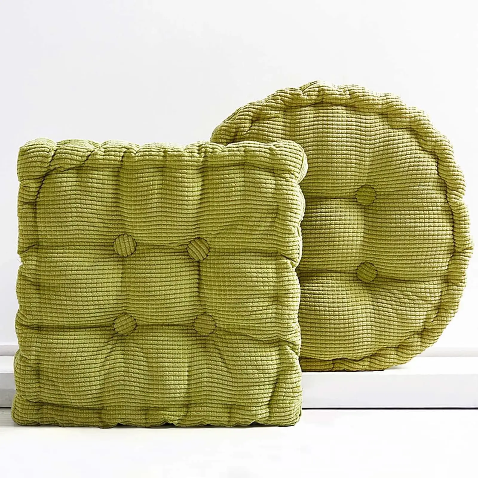 2Pcs Thick Corduroy Floor Cushion, Square & Round Tufted Floor Pillow, Large Soft Floor Pouf Meditation Seat Cushion for Living Room Bedroom Reading Nook