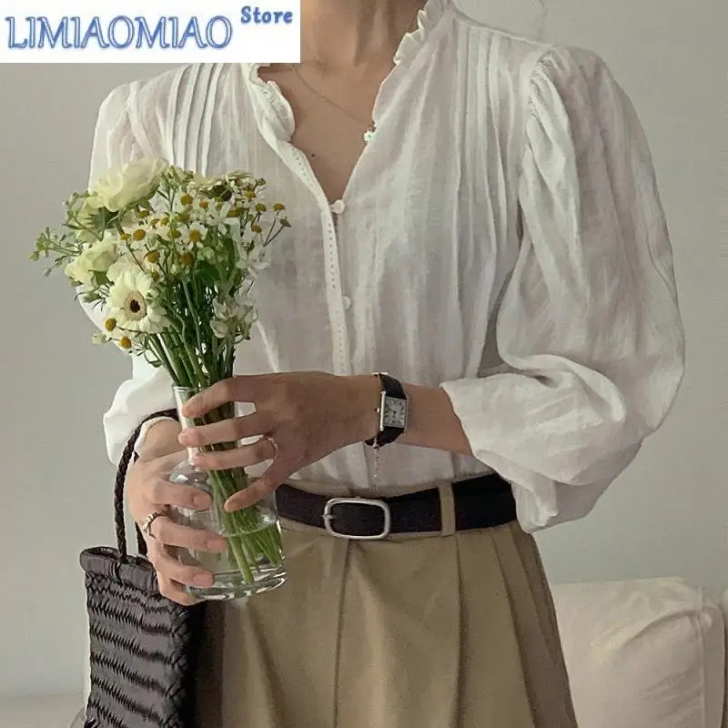 

Spring Autumn Korean Women's Blouses New Long Sleeve V-neck Single Breasted White Vintage Loose Shirts Female