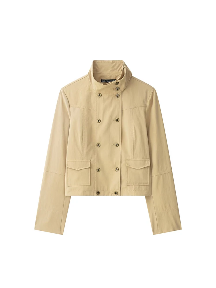 TFMLN 2026 Women Stand Collar Cropped Jacket Coat Double Breasted Pocket Vintage Commuter Short Outerwear Fashion Slim Fit
