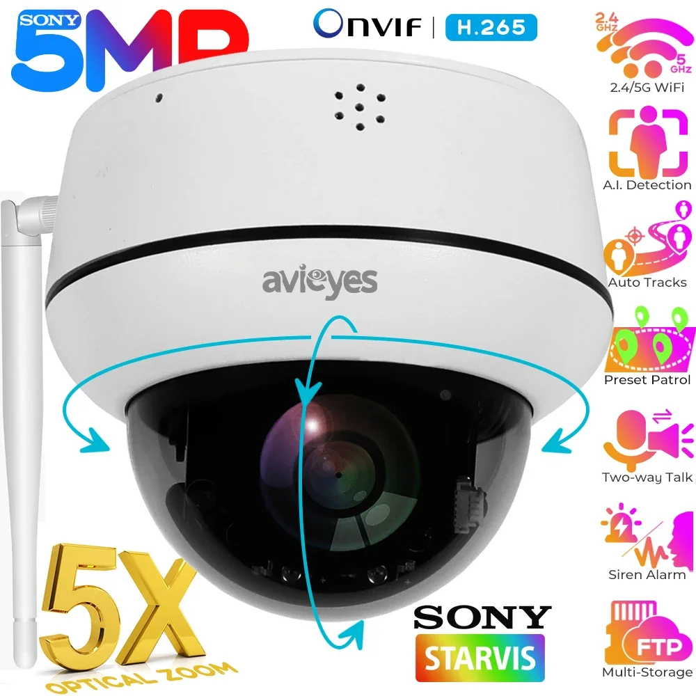 5MP 5X Optical Zoom Wifi Dome IP PTZ Camera Outdoor Human Detect Auto Tracking 2-way Talk Onvif Wireless Network Cameras Indoor