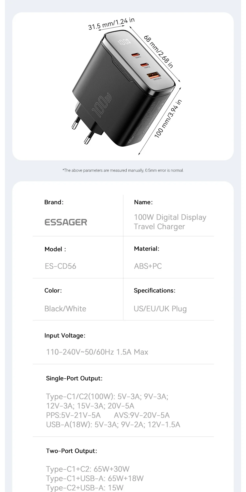 Essager GaN USB-C Ladegerät 100W mit Digitalanzeige, Typ-C Schnellladegerät für iPhone 17 16 Samsung Xiaomi Tablet MacBook Pro – Detail 10