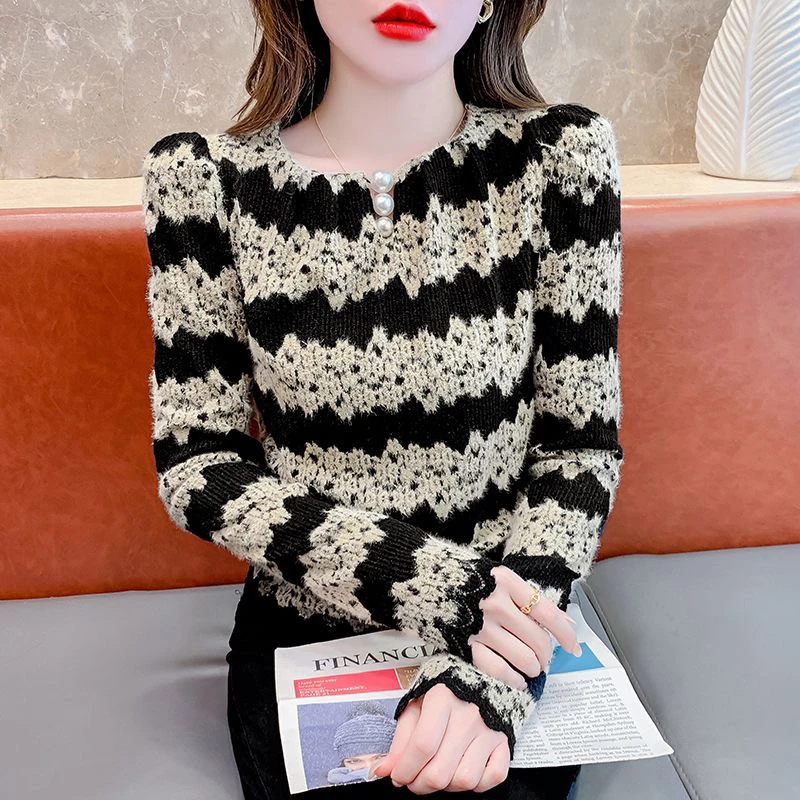 

Retro Splicing Bubble Sleeve Lace Shirt Women's round Neck Embroidered Stripe Fluffy Style Commute Fashion Slim Fit Long Sleeve