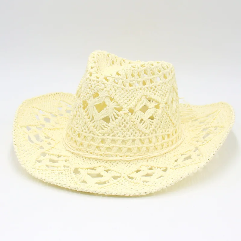 Summer Outdoor Men Women Hand-woven Western Cowboy Jazz Sun Cap Wide Beach Straw Breathable Hats Brim Hat Protection R1G6