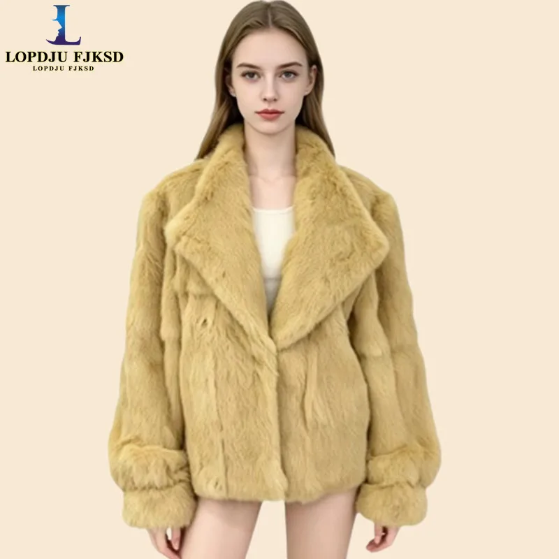 Real Rabbit Fur Coats for Women,Luxury Jackets,Turn-down Collar Overcoat,Female Clothes,New,Autumn and Winter