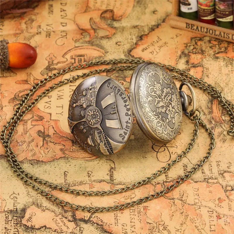 Steampunk Style St. Petersburg Design Analog Quartz Pocket Watch for Men Women with Necklace Chain Arabic Number Clock