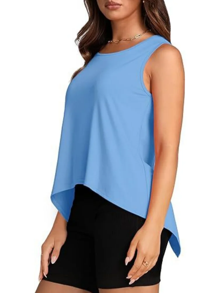 Women Summer Y2K Style Blouses Shirts Lady Casual Sleeveless O-Neck Split Solid Color Crop Tank Tops