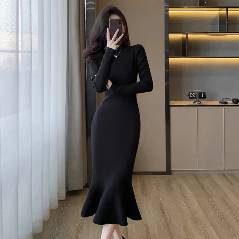 

Black Base Knitted Dress Women, Autumn And Winter Elegant Dress, Half High Collar, Bodycon Sweater Dress