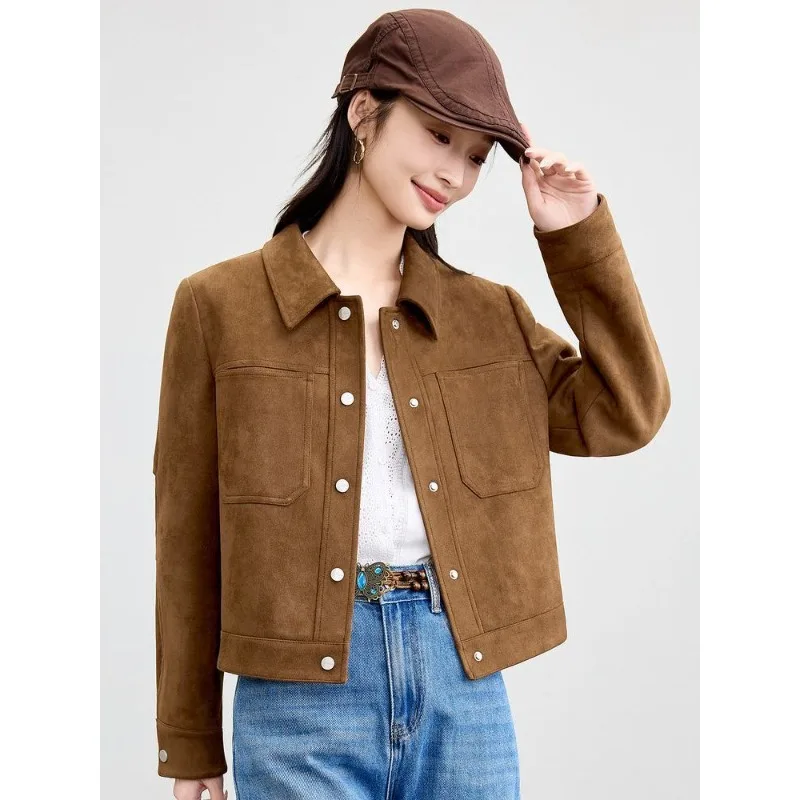 New Autumn Suede Jacket Women Featuring Stylish Versatile Style Casual Loose Slimming Long-sleeved Short Jacket Lapel Commuting