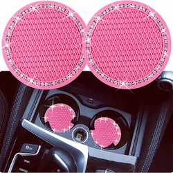 2pcs Round Grid Car Coasters Soft Rubber Artificial Diamond Non Slip Creative Cup Holder Coaster Car Accessories Easy To C