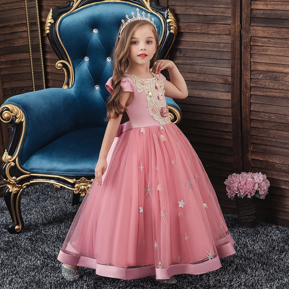 Bean pink girl elegant flower ball dress suitable for children\'s evening party sequin long dress