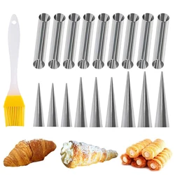 6~24pcs Croissant Baking Mold with Oil Brush Stainless Steel Household DIY Kitchen Dessert Tools Danish Pastry Cannoli Tubes TMZ