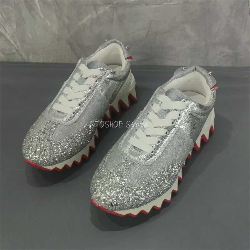 

Silver Thick Sole Fashion Casual Sneakers for Men and Women Size 35-47 Lace Up Sports Shoes Handmade High Quality Brand Design