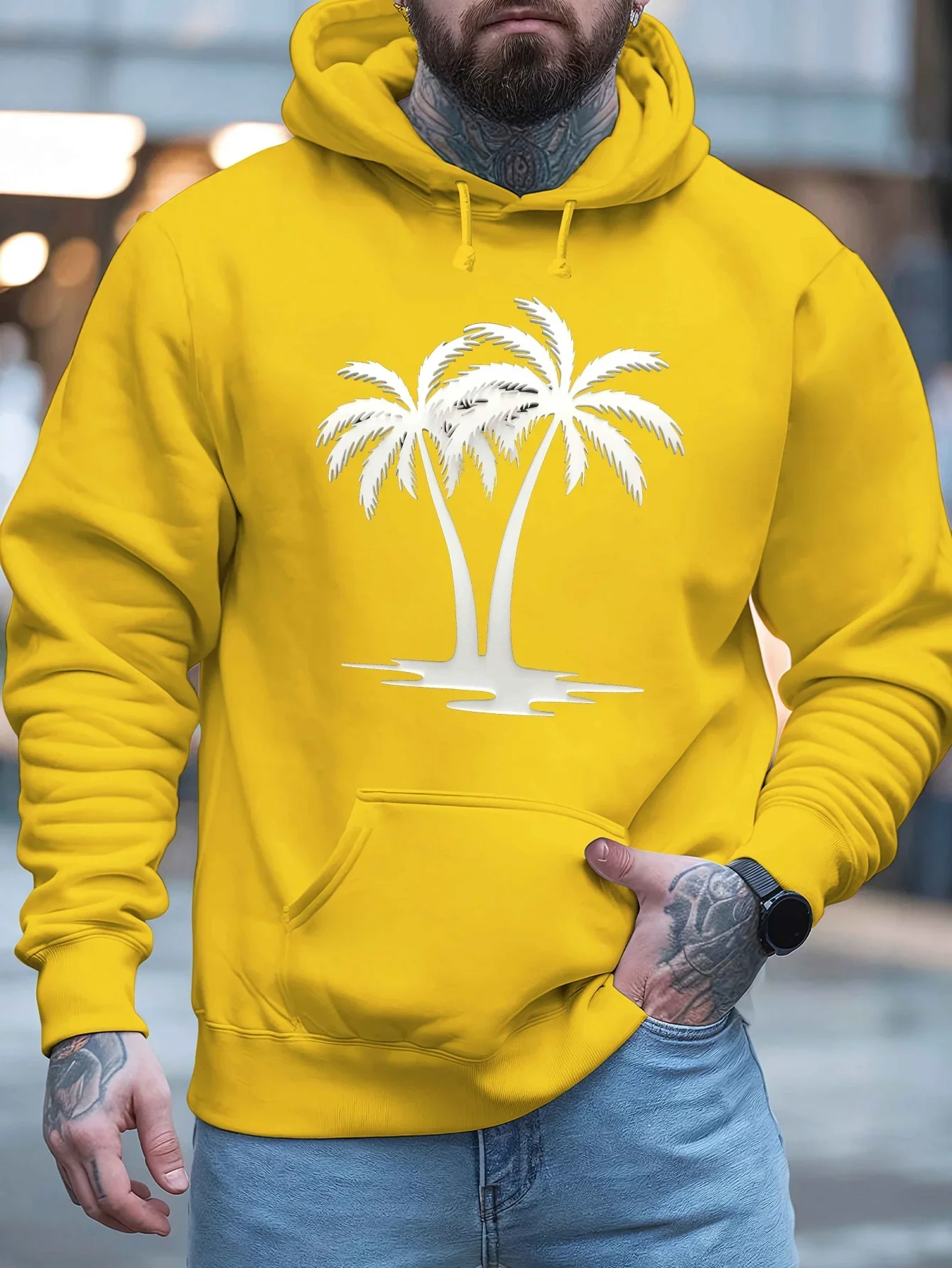 Minimal Tropical Coconut Tree Graphic Hoodie Simple Palm Tree Silhouette Print Casual Beach Streetwear Sweatshirt For Men Women