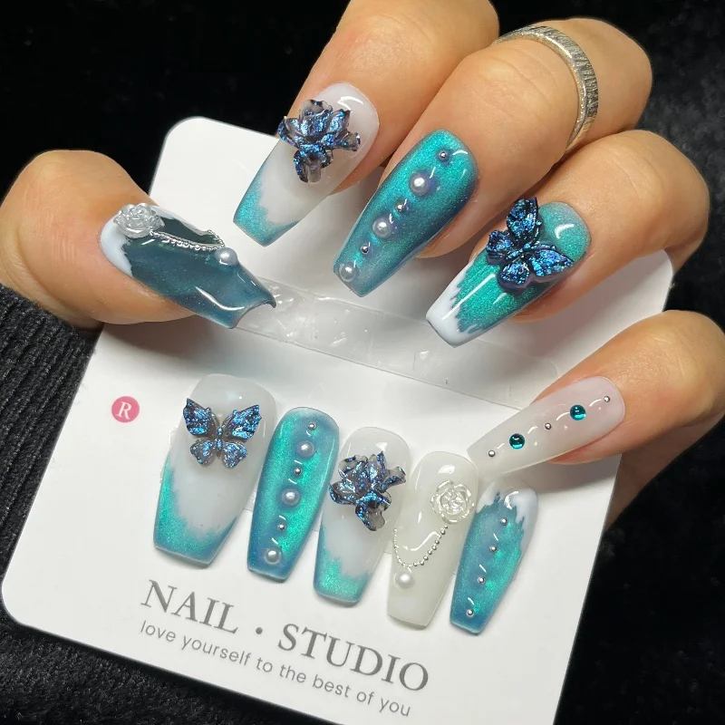 

10PCS Blue Gradient Handmade Press on Nails Long Coffin with 3D Butterfly Flower Pearl Design Elegant False Nails for Women