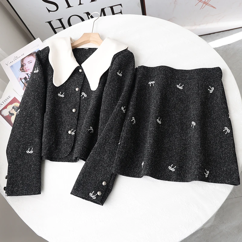 

Elegance Temperment Two Piece Set Women Spring Sweet Peter Pan Collar Small Fragrance Coat+high Waist Slim Skirt Luxury Suits