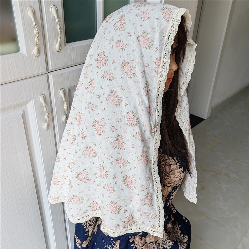 

Хлопковая вуаль-мантилья с цветочным принтом, вдохновленная церковными католическими женщинами, массовое покрытие на голову, розовые цвета слоновой кости, бежевые цветы, D-образная форма, винтажные испанские