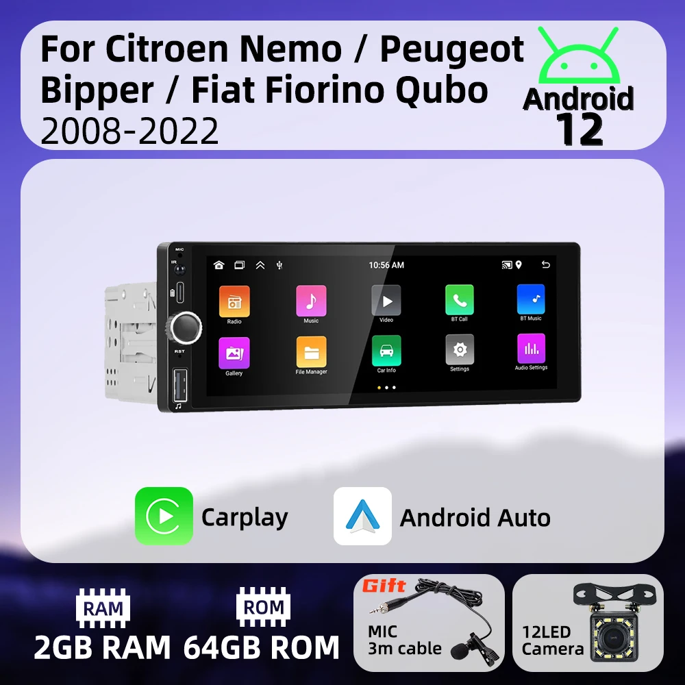 

1Din Carplay Radio Android Car Multimedia for Citroen Nemo Peugeot Bipper Fiat Fiorino Qubo 2008-2022 Stereo Head Unit Autoradio