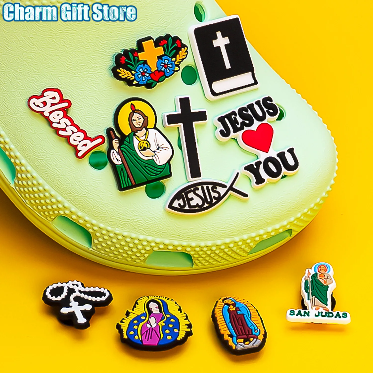 1pcs New Shoe Charm Religion PVC Clog Charms Crucifix Blessed Virgin Mary Clog Pin Clips Jeans Garden Sandal Shoe Decoration