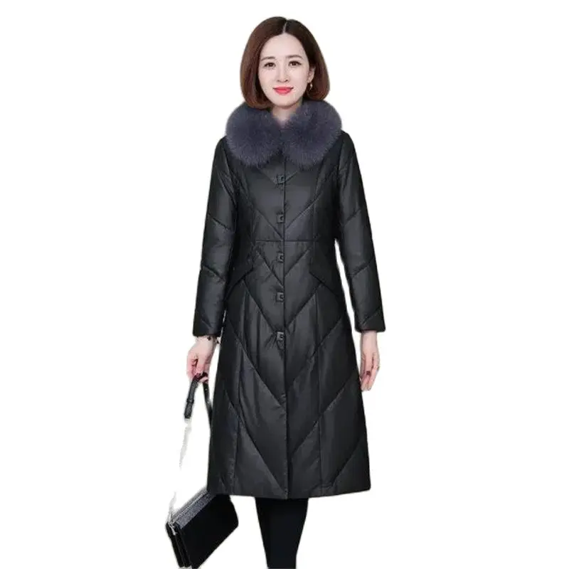 

Women Winter PU Leather Overcoat Nice New Female Mid-length Cotton Padded Parkas Femme Thickened Warm Coat Cotton Padded Jacket