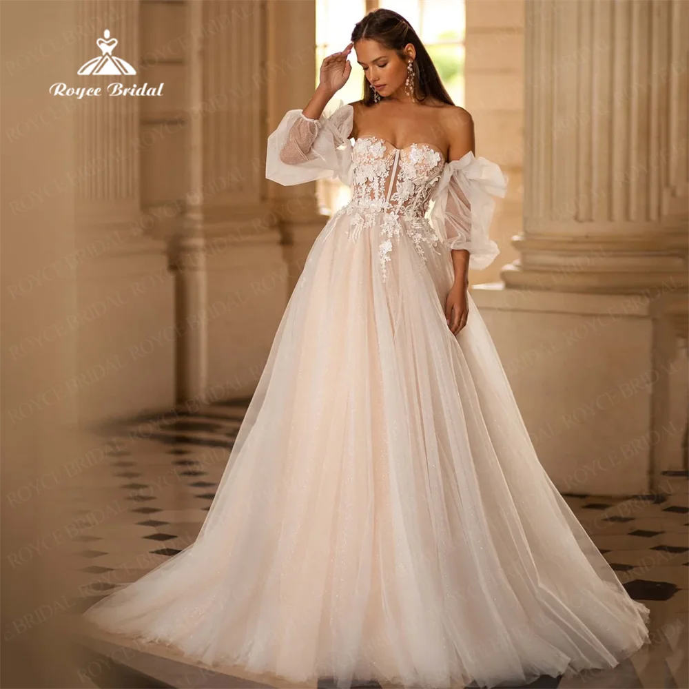 Increíble vestido de novia plisado personalizado de línea A, vestidos de novia de tul con escote en forma de corazón y encaje Floral con mangas extraíbles, vestido de novia