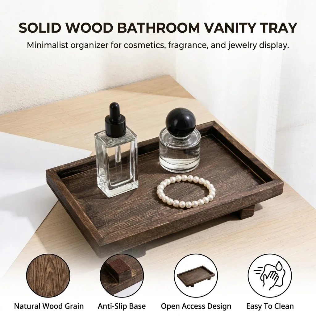 Retro Wooden Desk Storage Tray Bathroom Cosmetics Organizer Perfume Decoration Jewelry Storage Shelf Anti-Slip Desk Decor Tray view 6