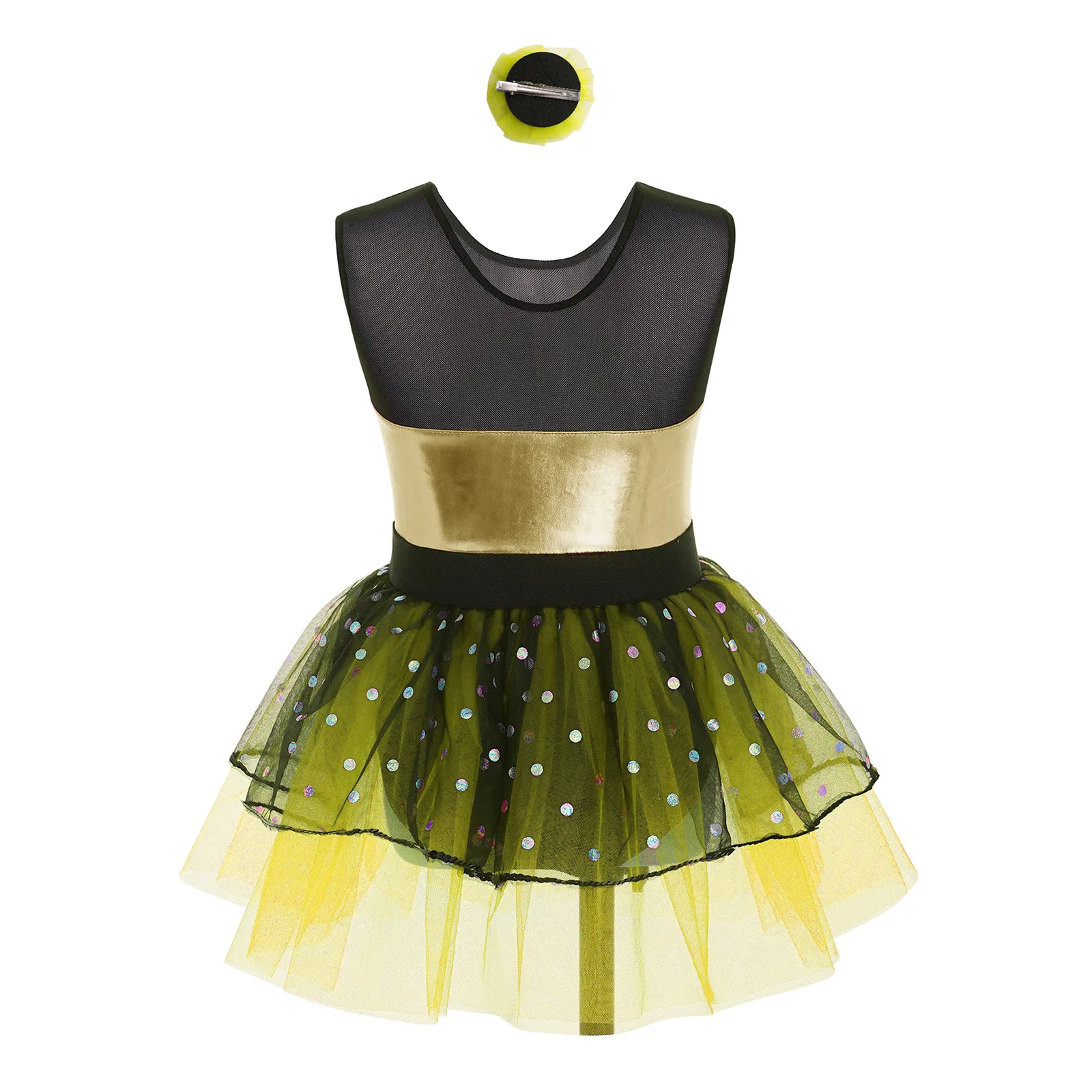 Vestido de leotardo de Ballet para niñas, disfraz de bailarina puesta en escena, corpiño metálico brillante con mangas de malla transparente, falda tutú