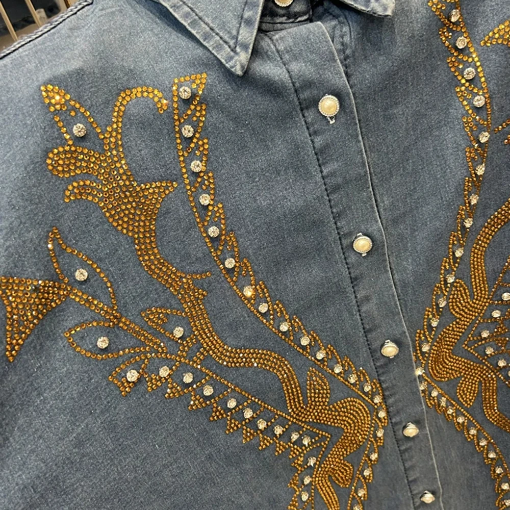 European design hot diamond diamond loose denim long-sleeved shirt top + elastic waist trousers two-piece suit for women-GZTZ001