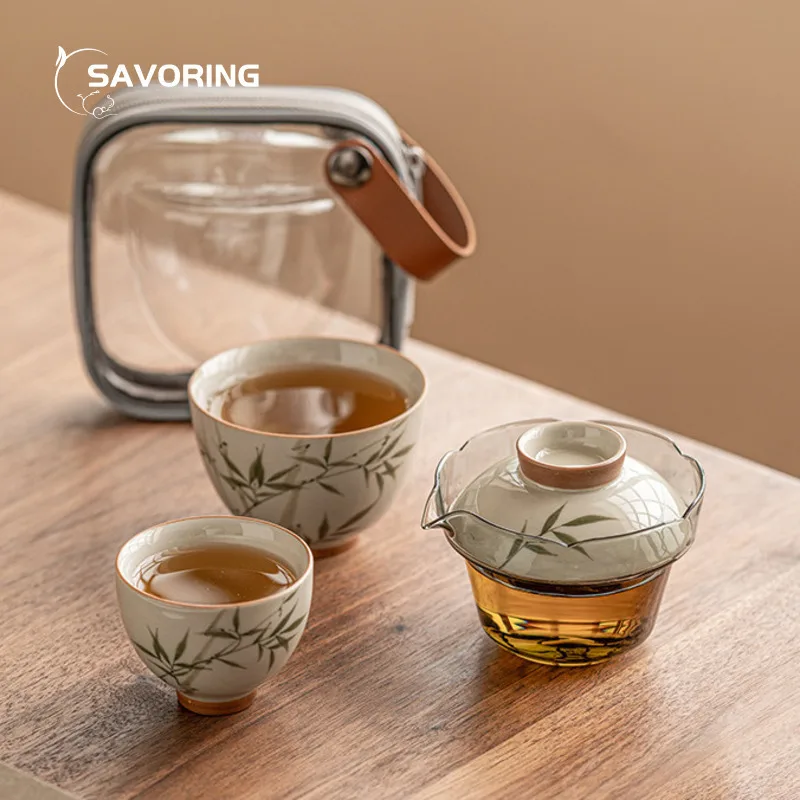 Pintado à mão Verde Bambu Viagem Tea Set, cerâmica portátil, acampamento ao ar livre Kung Fu Tea Set, Cerimônia Puer Copos, suprimentos de chá