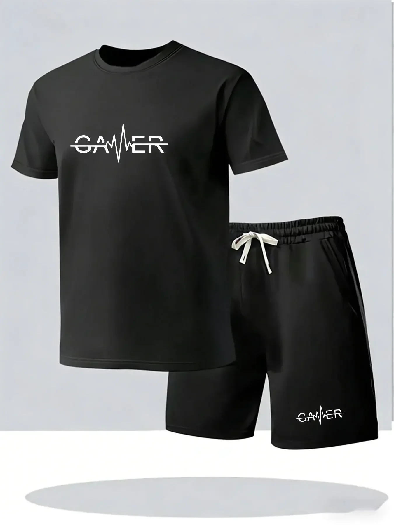Men Summer 2 Piece Outfit Crew Neck Short Sleeve T-shirt Drawstring Shorts Comfortable Daily Casual Home Tracksuit