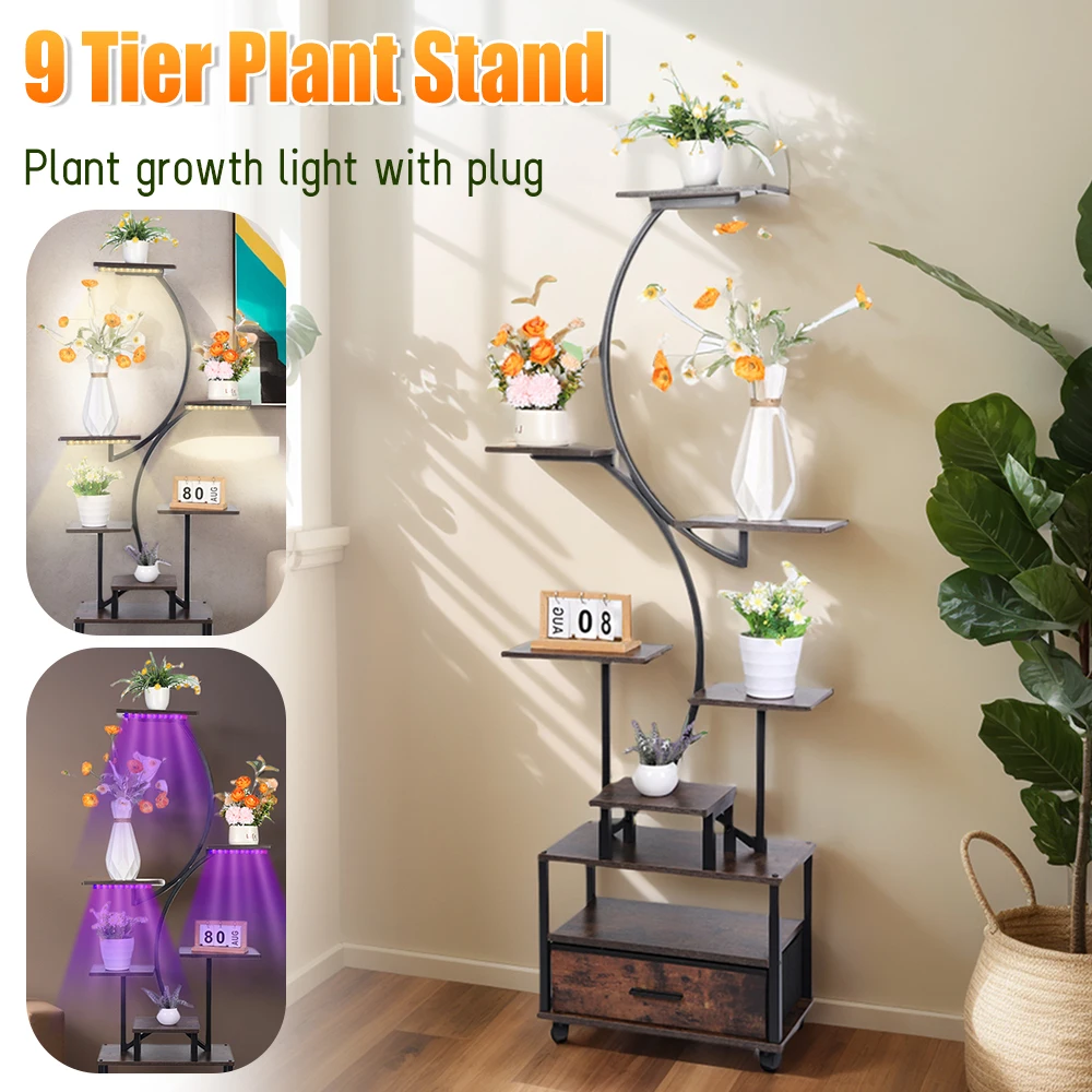 

65 Inch 9 Tier Metal Plant Stand with Grow Lights Multi-Purpose Storage Shelf Sturdy Iron Frame Easy Install for Home Patio Cafe