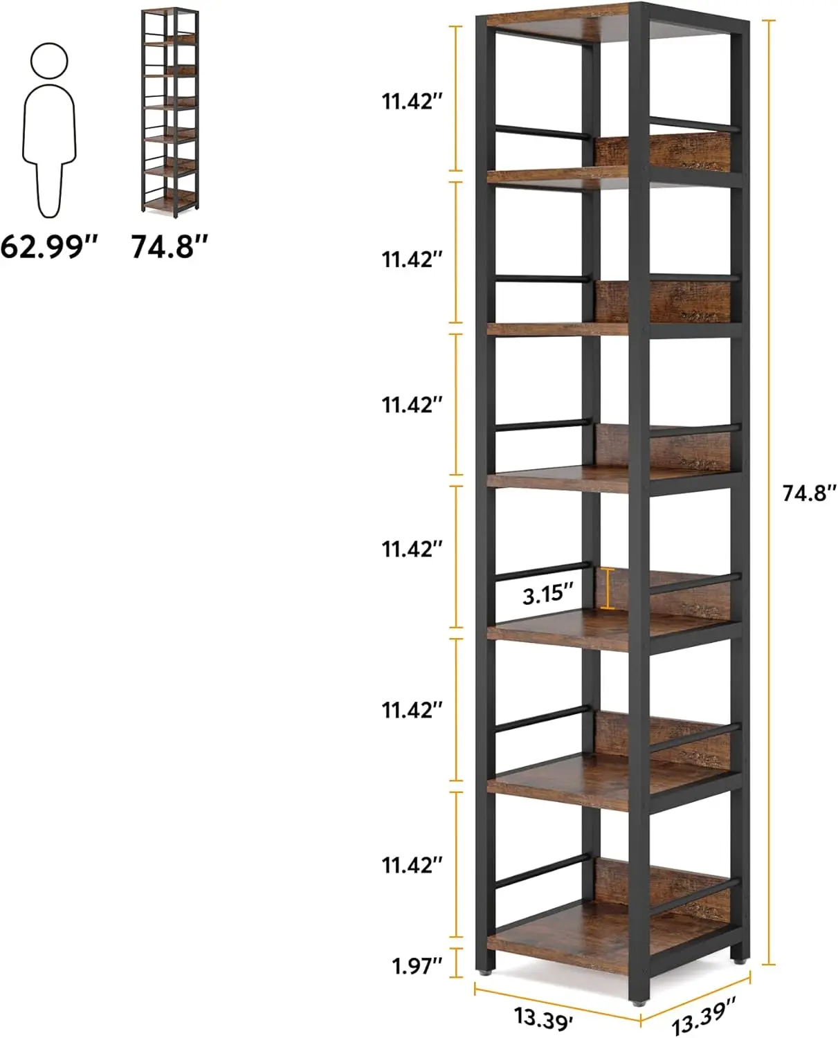 ชั้นวางเข้ามุม 6 ชั้น, ชั้นวางหนังสือแคบสูง 75 นิ้ว, ชั้นวาง Etagere ขาตั้งจอแสดงผลสําหรับพื้นที่ขนาดเล็ก, แบบชนบทเปิด