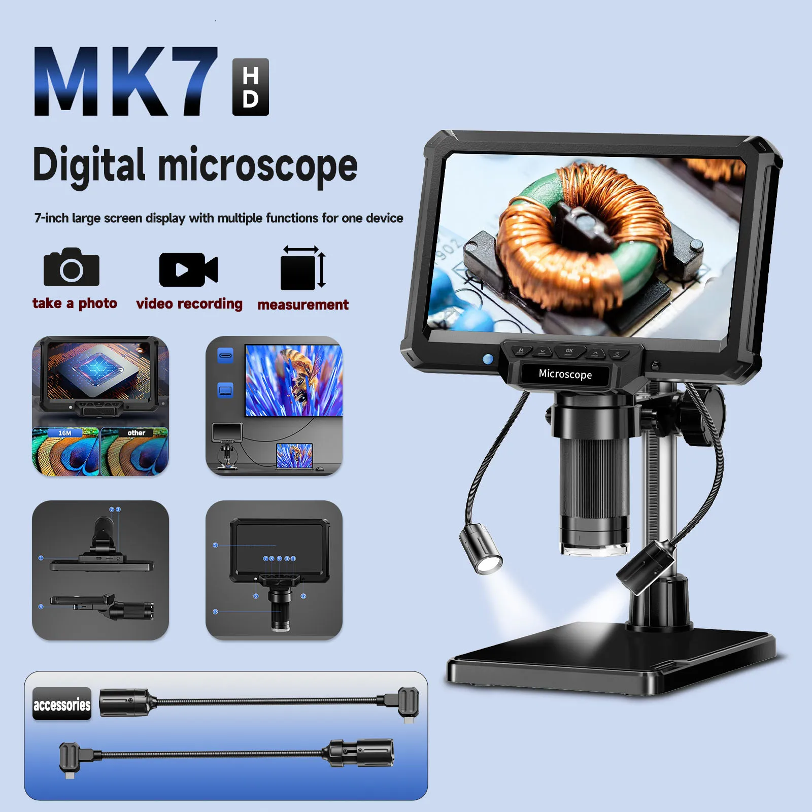 

Mk7 IPS7-inch HD Digital Microscope, 16MP Camera, 50-1000X Zoom, PCB Circuit Board, Coin, Jewelry Gemstone Inspection, PC & Type