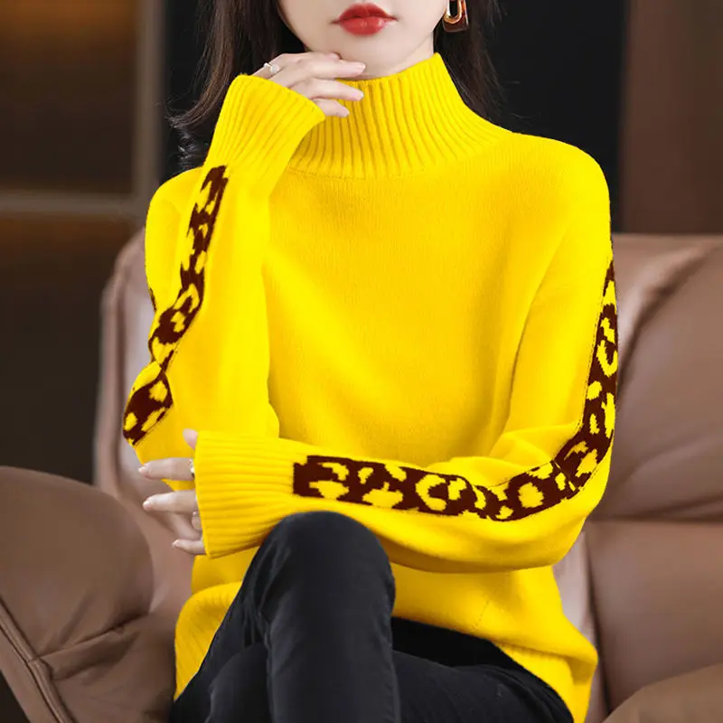 Casual Fashion Turtleneck Spliced Loose Sweater Female Clothing 2022 Autumn Winter New All-match Pullovers Korean Sweaters