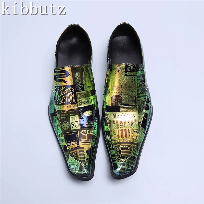 Mens Green Printing Loafers Luxury Design Genuine Leather Pointed Toe Slip-On Oxford Shoes Casual Male Footwear