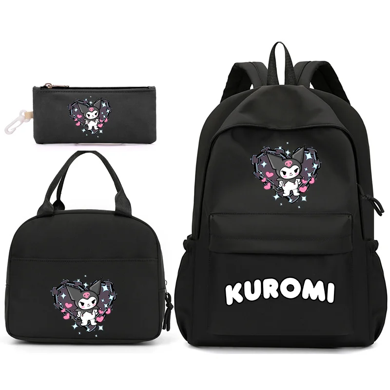 Sac à dos Kuromi avec sac à lunch pour adolescents, sacs d'école pour étudiants, ensemble de voyage décontracté et confortable, 3 pièces par ensemble