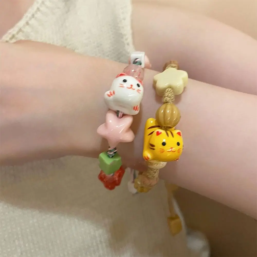 Fresh Ceramic Cat Bracelet Maneki Neko Bracelet Charming Lucky for Cat Bead Bracelet  Gifts for Children Adult Men Women