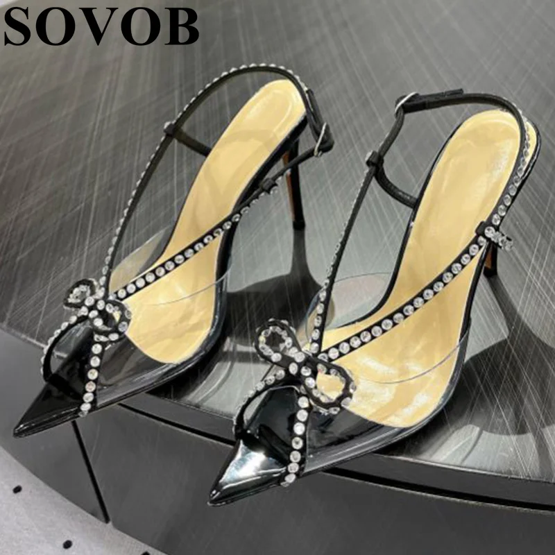 

New PVC Open Toe High Heel Sandals Women's Rhinestone Butterfly-knot Decor Thin Heels Sandalias Summer Sexy Party Banquet Shoes