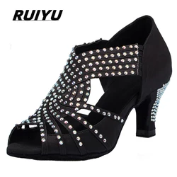 Latin Shoes Women's Salsa Tango Ballroom Party High Heel Women's Shoes Rhinestones Black Blue Summer Sandals Dance Sports Shoes