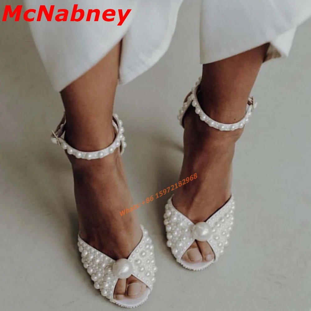 New Style Pearl Sandals Peep Toe Handmade Solid Milk White Women Shoes Ankle Buckles Straps Thin High Heel Wedding Sandals