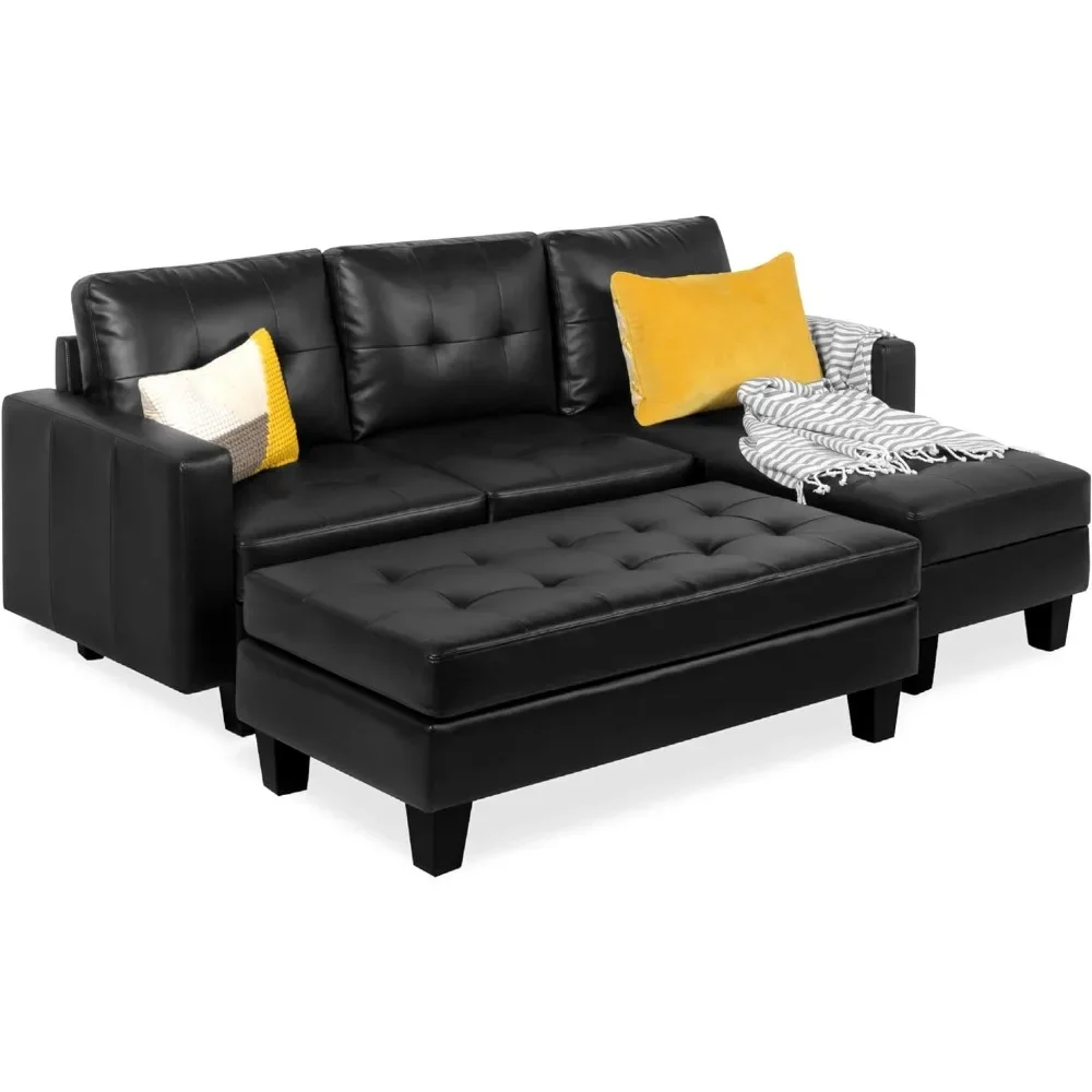 

Tufted Faux Leather 3 Seater L Shape Sectional Sofa Set, Bench with Chaise Longue, Ottoman Coffee Table,black