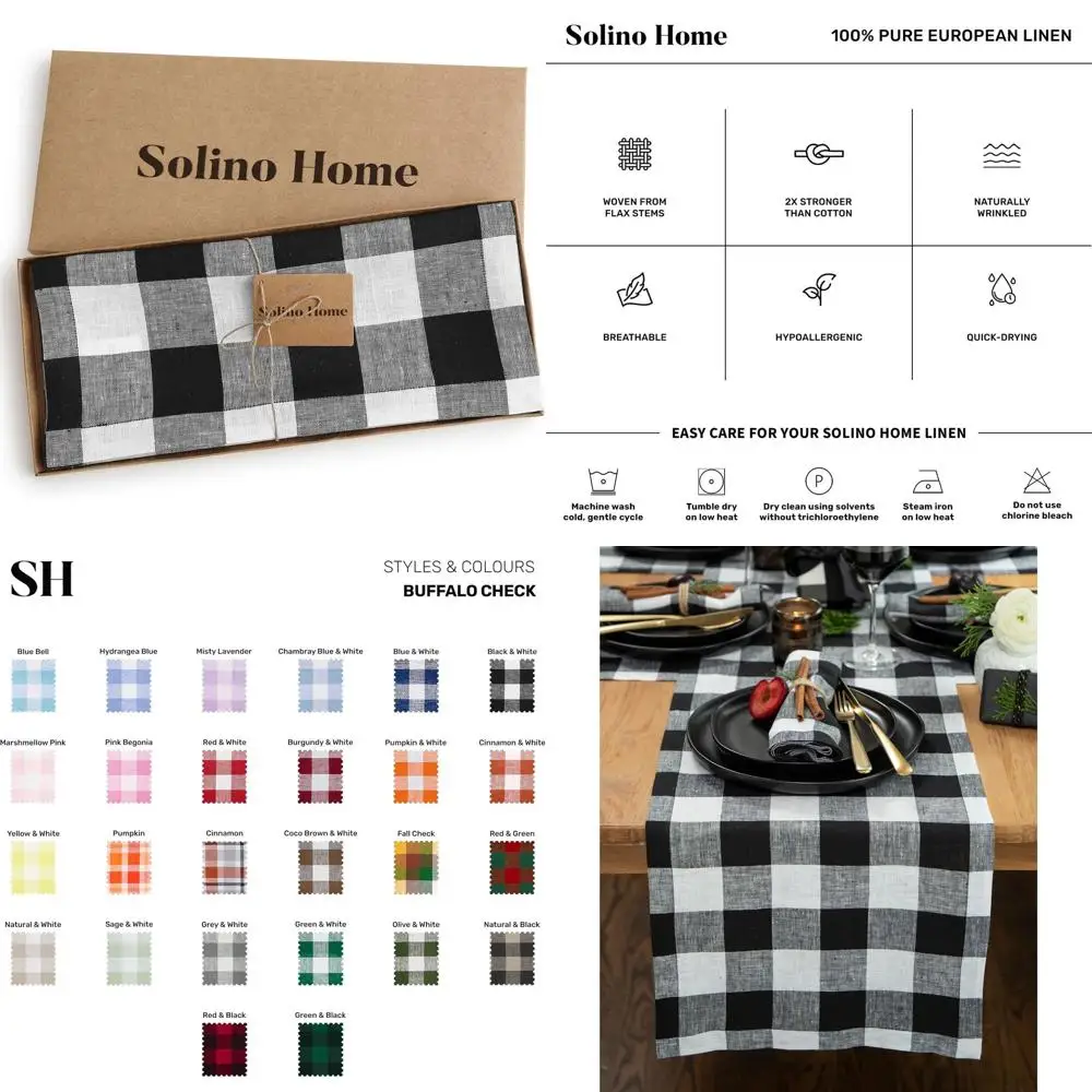 

Pure Linen 14 x 144 Black & White Buffalo Plaid Table Runner for Autumn Dining & Thanksgiving